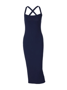 Detail of navy blue ribbed knit dress featuring a cross halter strap design and slim fit