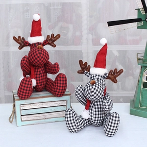 Christmas reindeer plush dolls with red and black plaid fabric for holiday decorations