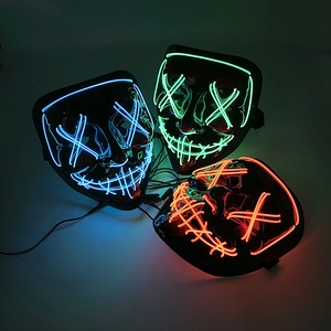 Glow-in-the-dark LED Halloween masks with blue green and red EL wire in dark background