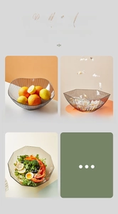 Detailed views of grey translucent snack bowls for fruit, nuts and salad in various sizes