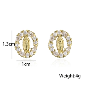 Golden Virgin Mary stud earrings with white zircon accents, 1.3cm oval religious jewelry