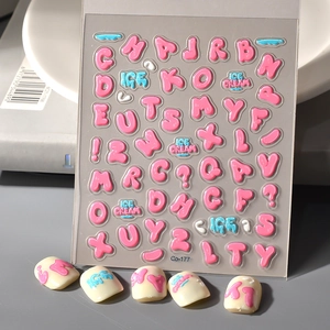 5D Relief Englisches Alphabet Nagelaufkleber 3D Bubble Buchstaben Zahlen Eiscreme Muster DIY Dekorative Nagelkunst Decals