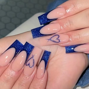 Long Coffin Press On Nails Dark Blue Glitter French Heart Stripe Style False Nail Tips For Women