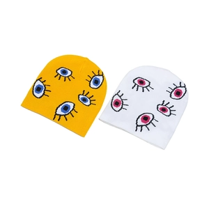 Trend knitted beanies with eye jacquard pattern in yellow and white color sets
