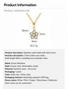 Detailed view of stainless steel flower pendant with cubic zirconia and chain measurements