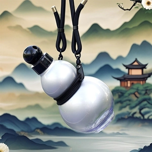 Portable white gourd water bottle with black lanyard and Chinese ink painting backdrop