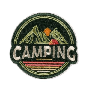 Circular camping patch with mountain and red tent embroidery for clothing and hats