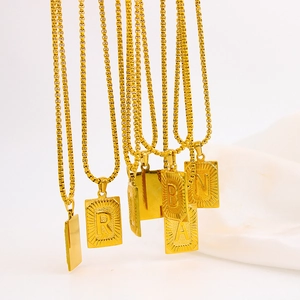 Initial Necklace Gold Plated Stainless Steel Rectangular Alphabet Letter Pendant Box Chain Fashion Jewelry For Men Women