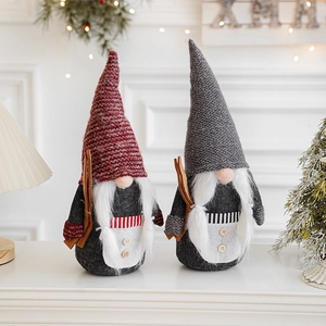 Christmas Gnome Plush Doll Handmade Nordic Faceless Tomte Ornaments With Wooden Skis For Home Table Fireplace Decor