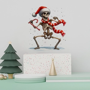Waterproof Christmas dancing skeleton wall sticker with Santa hat for home holiday decor