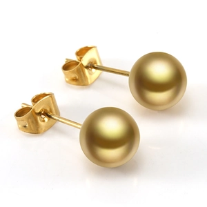 Minimalist round gold pearl stud earrings in titanium steel with smooth metallic finish