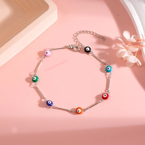 Minimalist evil eye bracelet with colorful enamel beads and silver metal chain