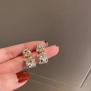 Square Zircon Dangle Earrings Alloy Double Layer Geometric With 925 Sterling Silver Earring Post Elegant Fashion For Women
