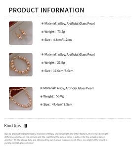 Detailed size and material chart for glass pearl necklace, bracelet and earrings set