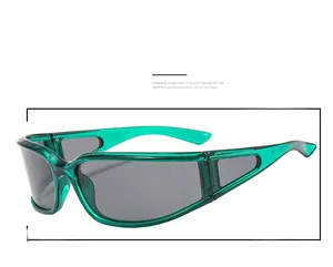 Detail of green transparent sport sunglasses with grey lenses and side cutout frame