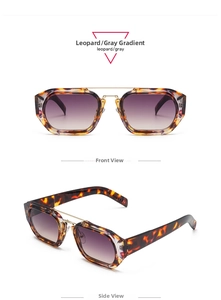 Detail of leopard print sunglasses with gradient gray lenses and metal double bridge
