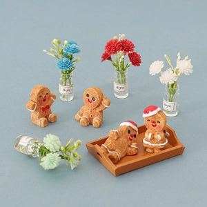 Miniature Christmas gingerbread man set with tiny glass vases and tray for DIY decor