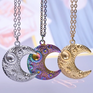 Detailed trio of gold, silver, and rainbow crescent moon face necklaces on fine chains