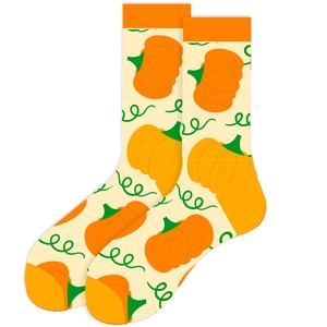 Thanksgiving cream crew socks with orange pumpkin patterns and solid orange cuffs
