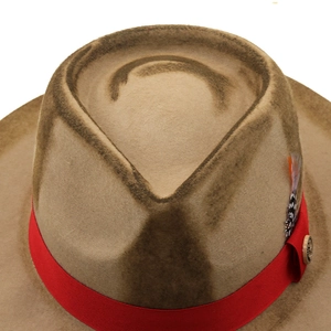 Distressed wool felt fedora in khaki with red ribbon and decorative feather detail