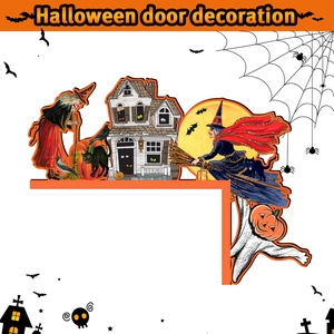 L-shaped wooden Halloween door corner decoration featuring witch black cat and pumpkin