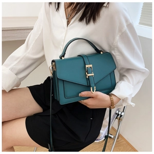 Fashionable dark green PU leather crossbody bag with multiple compartments and gold hardware