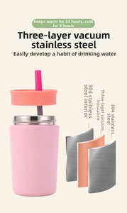 Three-layer vacuum insulation detail of a 304 stainless steel pink tumbler with straw