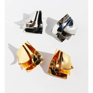 Irregular Layered Geometric Brass Stud Earrings With 925 Sterling Silver Earring Post Wave Metallic Piece Earrings For Women