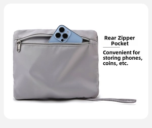 Macro detail of fitness travel bag featuring a back zipper pocket for easy phone access