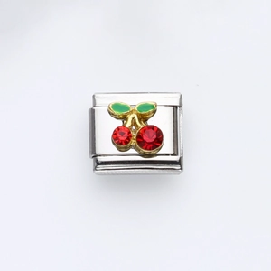 Italian charm link in stainless steel featuring cherry pattern with red crystals
