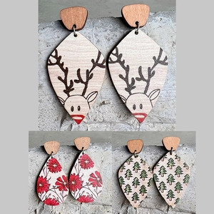 Wooden Drop Earrings Geometric Reindeer Christmas Tree Flower Pattern With Steel Earring Post Bohemian Forest Jewelry
