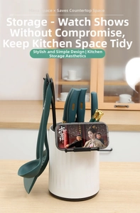 Rotating kitchen tool holder featuring a built-in phone stand for viewing while cooking