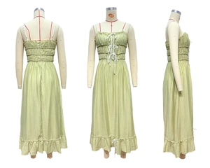 Détail de la robe vert clair avec bustier smocké, bretelles fines et ourlet à volants