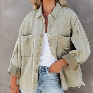 Vintage light green distressed denim jacket with fringe hem and button-down front for women
