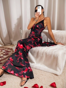 Elegantes Satin-Maxikleid mit Blumenmuster, V-Ausschnitt und schmaler Passform für den Sommer