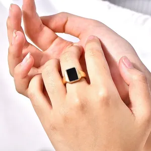 Retro Square Black Signet Ring 18K Gold Plated Stainless Steel Striped Sides Statement Fashion Jewelry