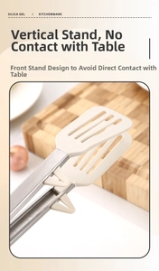 Kitchen food tongs with stand feature to keep silicone tips off the countertop surface