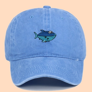 Washed blue cotton baseball cap with shark embroidery and vintage adjustable fit