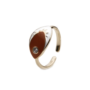 Detailed view of evil eye gold ring with brown enamel and sparkling central zircon