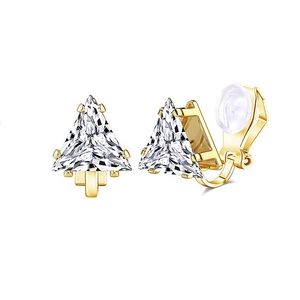 Macro shot of gold geometric triangle ear clips with clear zircon and soft pads