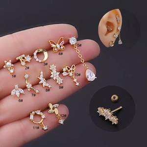 Zircon Flower Butterfly Heart Ear Cartilage Studs Piercing Jewelry Stainless Steel Rod Screw Ball Back Fashion Accessory
