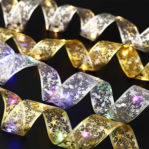 Close-up of glowing LED Christmas ribbon with gold star prints in dark setting