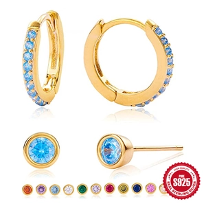 S925 sterling silver earring set featuring colorful crystal studs and gold hoop earrings