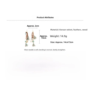 Detail view of Bohemian tassel earrings showing dimensions of 14cm by 2cm and materials