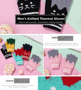 Detail showing various colors of knitted jacquard cat pattern warm gloves for kids