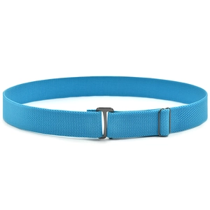 Close-up of blue elastic children's belt with adjustable metal buckle on white background