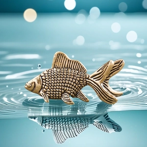 Macro detail of goldfish copper ornament with fine scales and artistic water reflection