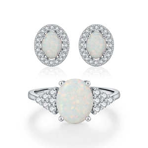 S925 sterling silver jewelry set featuring oval opal earrings and matching ring