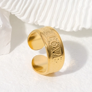 Wide 18k gold plated stainless steel open ring featuring a LOVE letter relief design