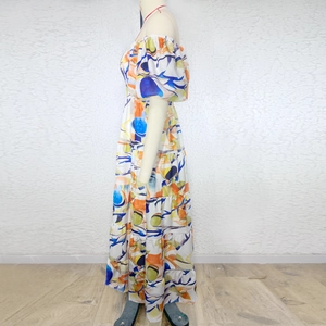 Detail view of colorful abstract print tiered maxi dress with off-shoulder puff sleeves